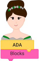 Aqui tem um logo da adablocks. É constituída por um desenho de uma mulher branca, com cabelo castanho, usando um vestido que lembra idade média (em referência à Ada Lovelace). Logo abaixo dela, existe um diagrama em Blocos escrito Ada Blocks