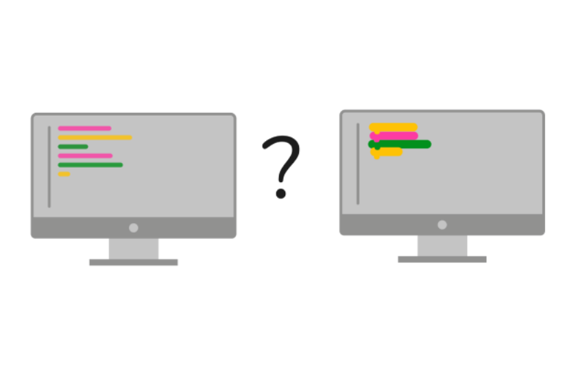 Aqui, vemos dois monitores de computador. O da esquerda mostra-se uma código em linguagem de programação textual e no monitor da direita, mostra-se um programa em blocos. Entre eles tem uma interrogação.