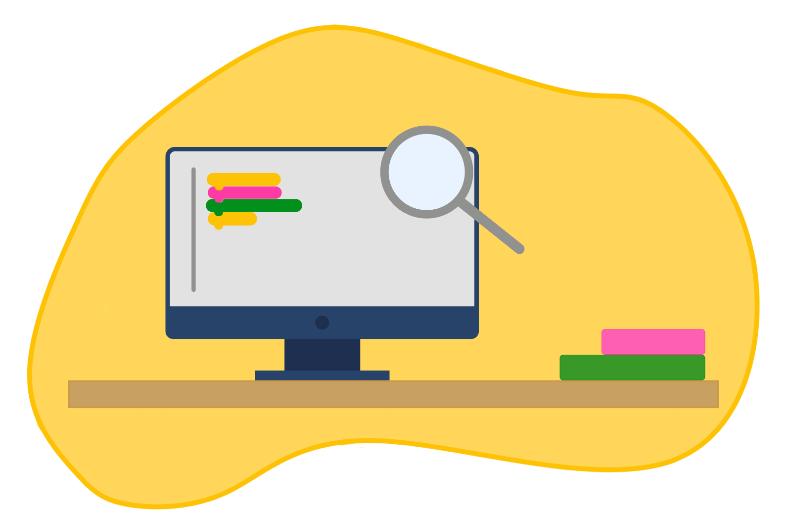 A imagem ilustrativa mostra uma lupa em cima do monitor da ada, e nele pode-se ver programação em blocos